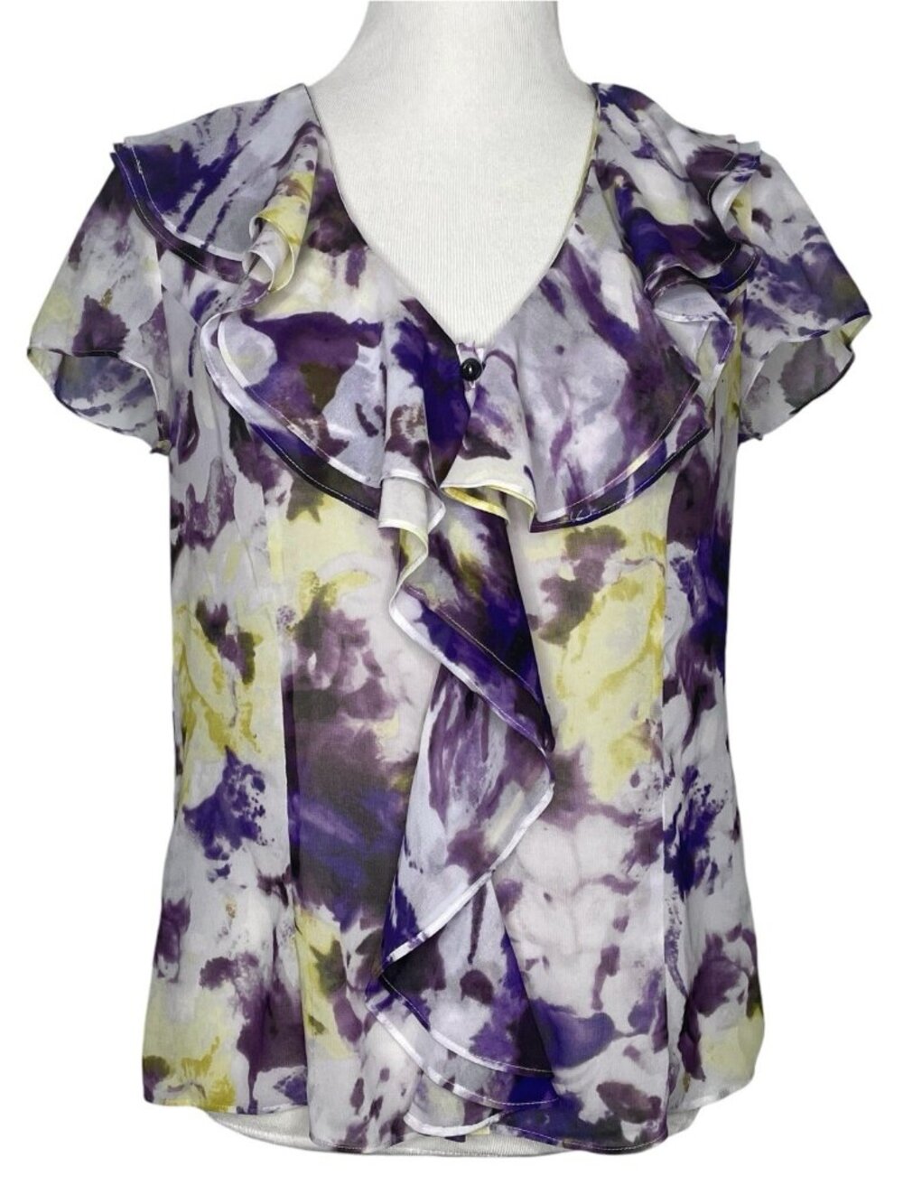 Jones New York Floral Blouse Size 8 Sheer Cap Ruffle Sleeve Button Front